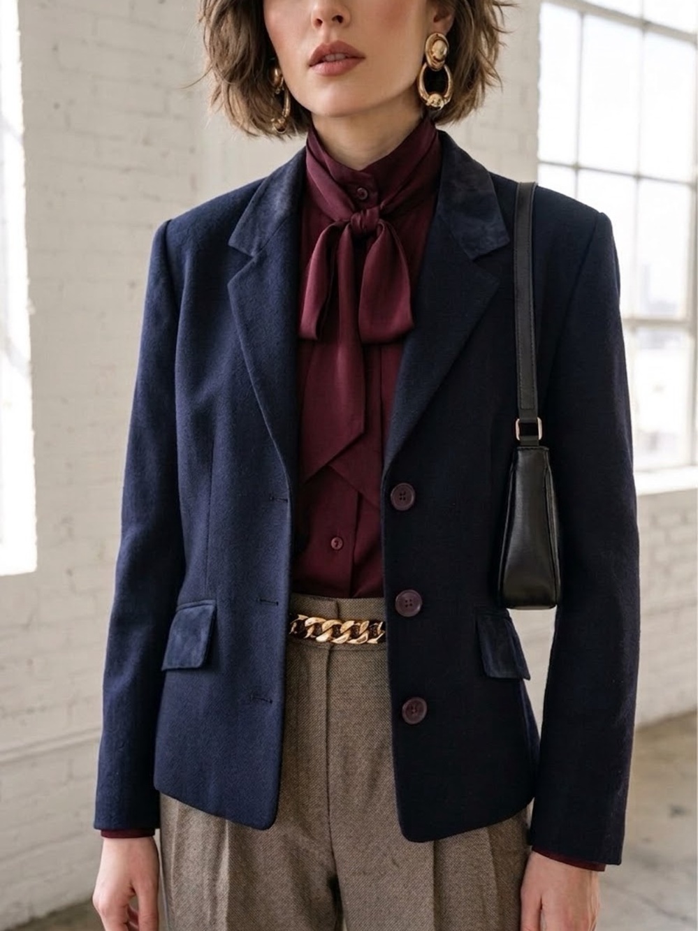 Vintage 90s J. Michaels Navy Blue Virgin Wool Suede Collar Fitted Blazer - US 10